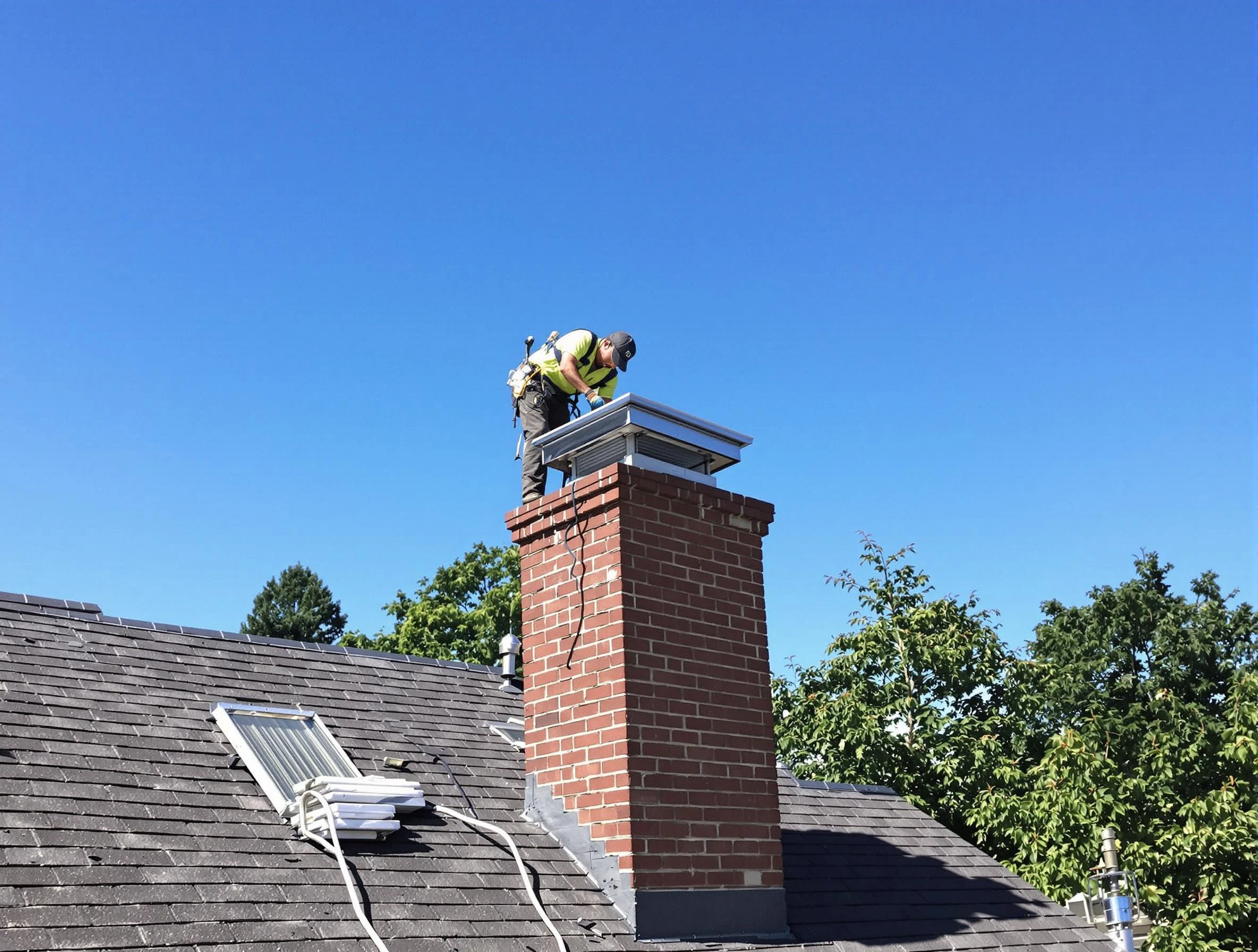 El Reno Chimney Sweep technician measuring a chimney cap in El Reno, OK
